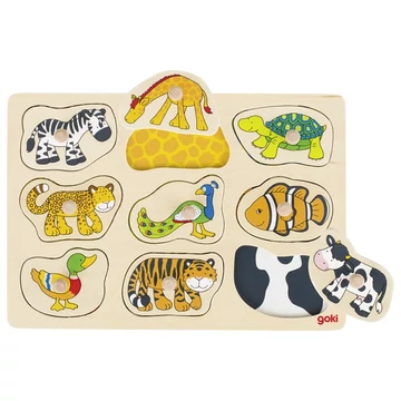 Háttérrejtvény ki hova tartozik?-fa fogantyús puzzle-készségfejlesztő játék-Goki