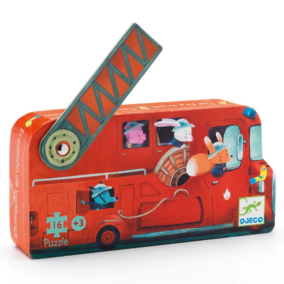 Djeco Formadobozos puzzle - A tűzoltóautó, 16 db-os - The fire truck-készségfejlesztő játék