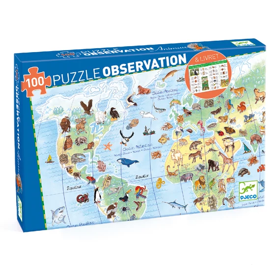 Djeco Megfigyeltető puzzle - Föld állatai, 100 db-os - Animals of the earth-készségfejlesztő játék