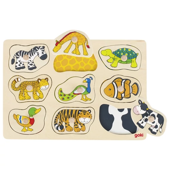 Háttérrejtvény ki hova tartozik?-fa fogantyús puzzle-készségfejlesztő játék-Goki