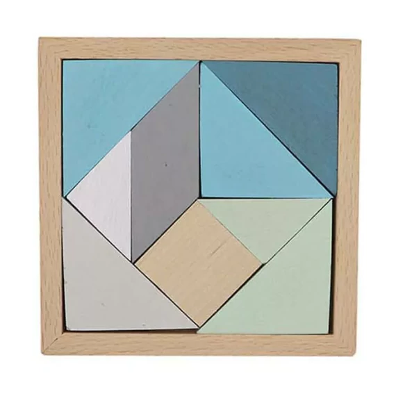 Tangram és tetris logikai építőjáték (kék, középen natúr kocka)-Fakopáncs