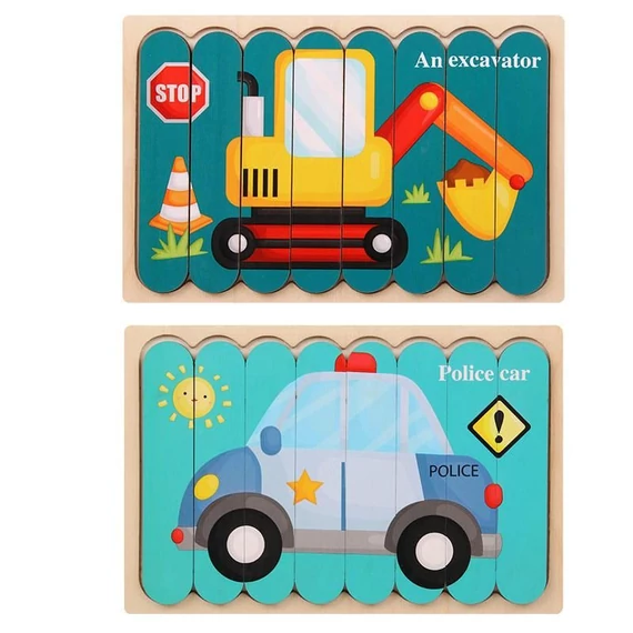 Kétoldalú fa puzzle - markoló és rendőrautó-készségfejlesztő játék